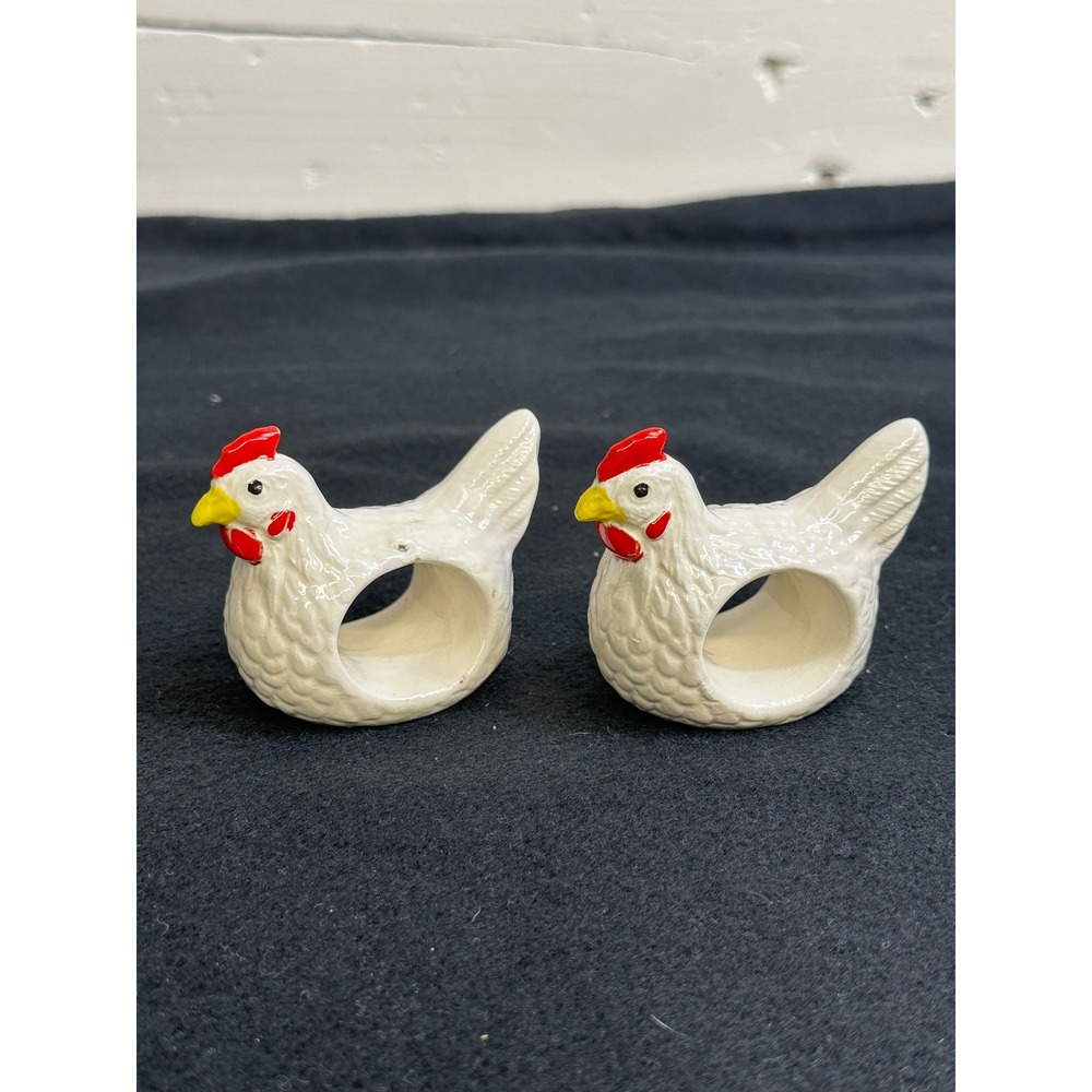 Vintage Ceramic Chicken Napkin Rings Pair White Farmhouse Hen Country Decor